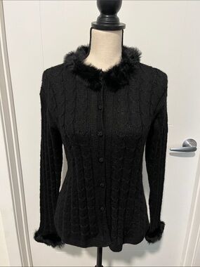 Leo Peressi 100% Alpaca Black Fur Trim Cable-Knit Button Front Sweater Cardigan